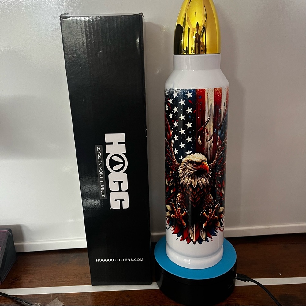 HOGG Outfitters Patriotic Eagle Stainless Tumbler.  Bullet shaped Gold Cap
